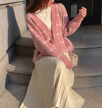 Women's Cozy Oversized Knit Cardigan with Check Pattern NOVAE