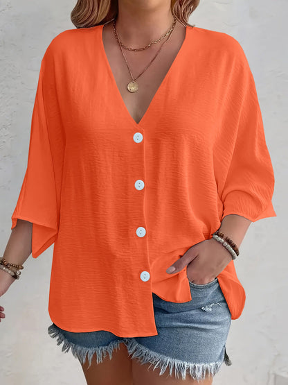 Women's flattering short-sleeved blouse with button placket and V-neck NOVAE