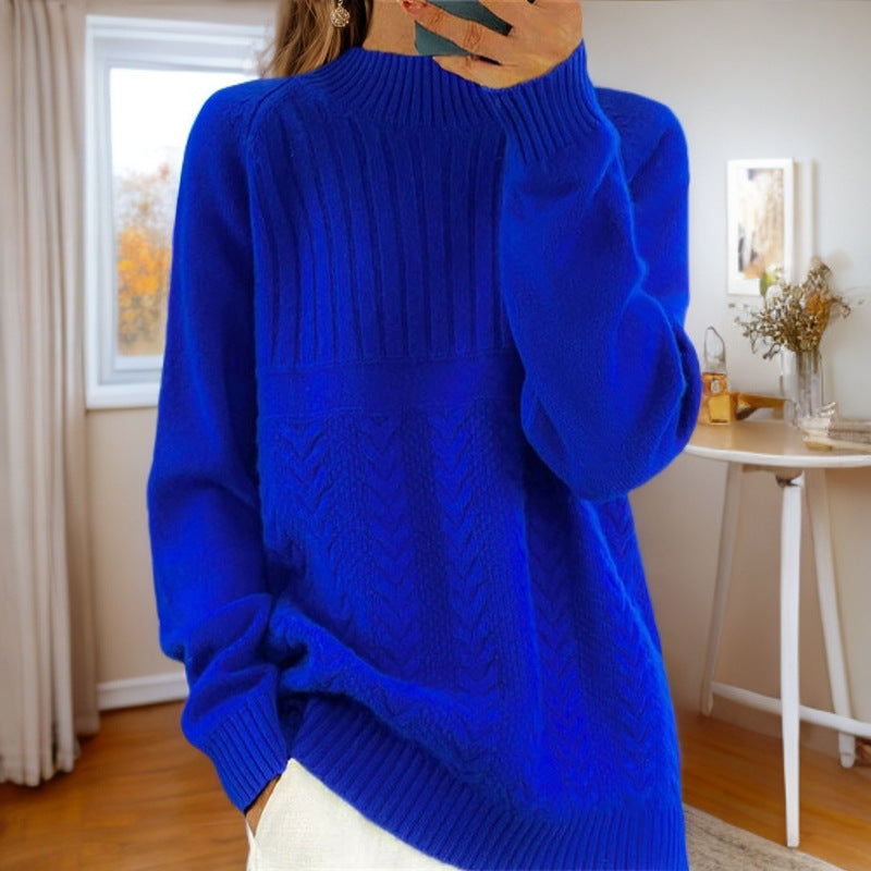 Women's knitted sweater with creative cable pattern and high collar NOVAE