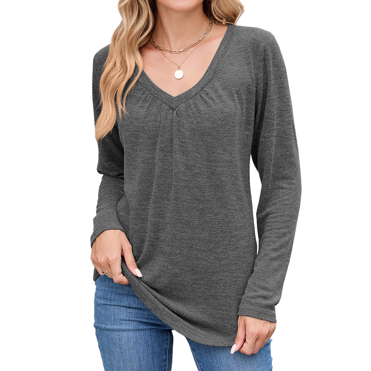 Women's casual long-sleeved shirt with V-neck and pleat detail NOVAE