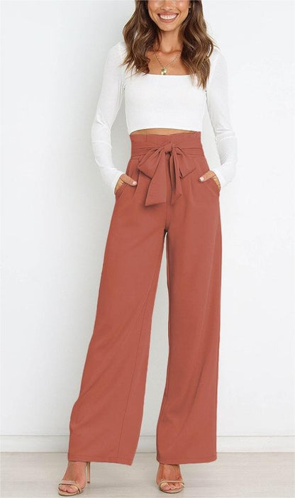 Women's wide-leg trousers with tie belt and elegant pockets NOVAE