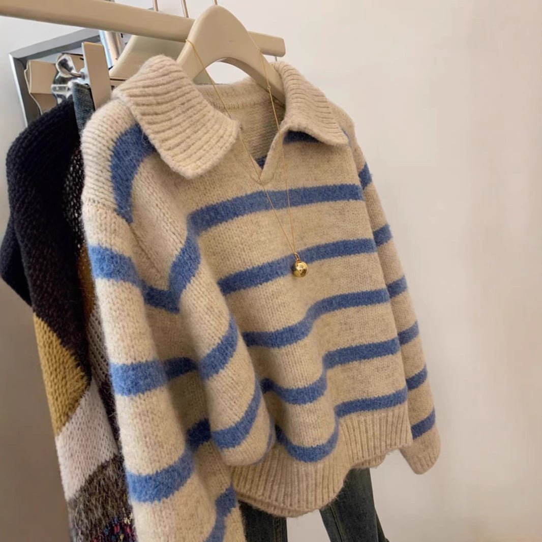 Women's V-neck knit sweater with textured stripe pattern NOVAE