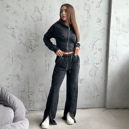 Women's sporty leisure set with cropped jacket and wide-leg trousers NOVAE