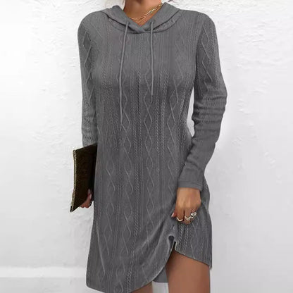 Women's hoodie dress with side slit and cable knit pattern NOVAE