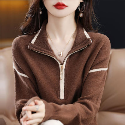 Women's pullover with half zipper and fine textured knit NOVAE