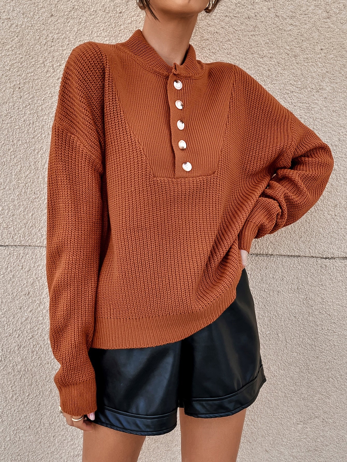 Women's knitted sweater with button placket and textured design NOVAE