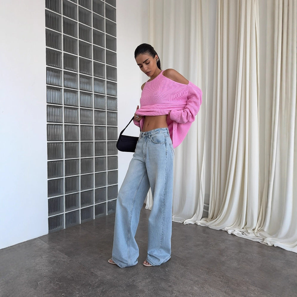 Women's casual knit sweater with open shoulder design and soft rib pattern NOVAE