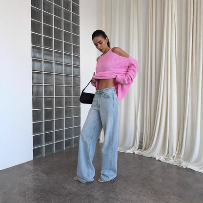 Women's casual knit sweater with open shoulder design and soft rib pattern NOVAE