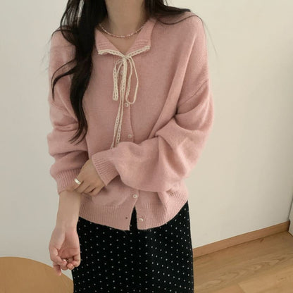 Women's casual knit cardigan with drawstring and fine texture NOVAE