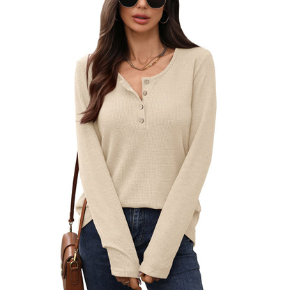 Women's waffle knit long-sleeved shirt with button placket NOVAE
