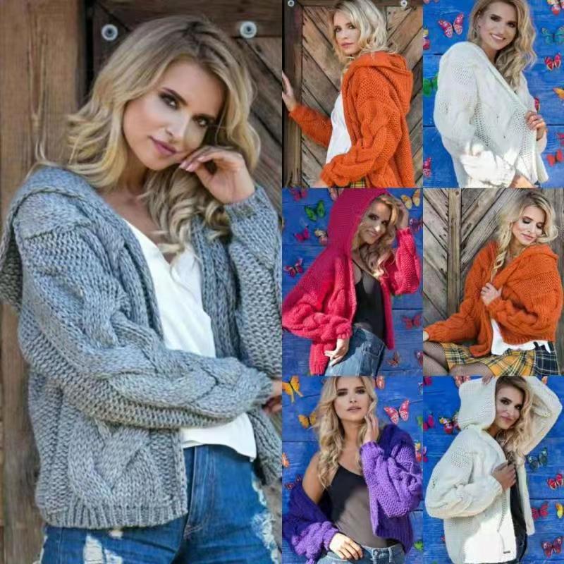 Women's knitted hooded jacket with voluminous fabric and cable knit pattern NOVAE