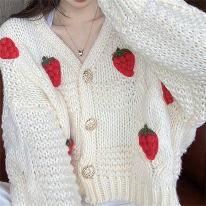 Women's chunky knit cardigan with floral embroidery and sparkling buttons NOVAE