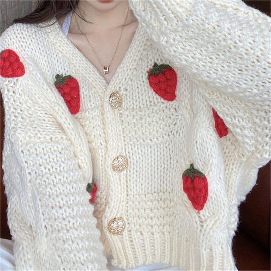 Women's chunky knit cardigan with floral embroidery and sparkling buttons NOVAE
