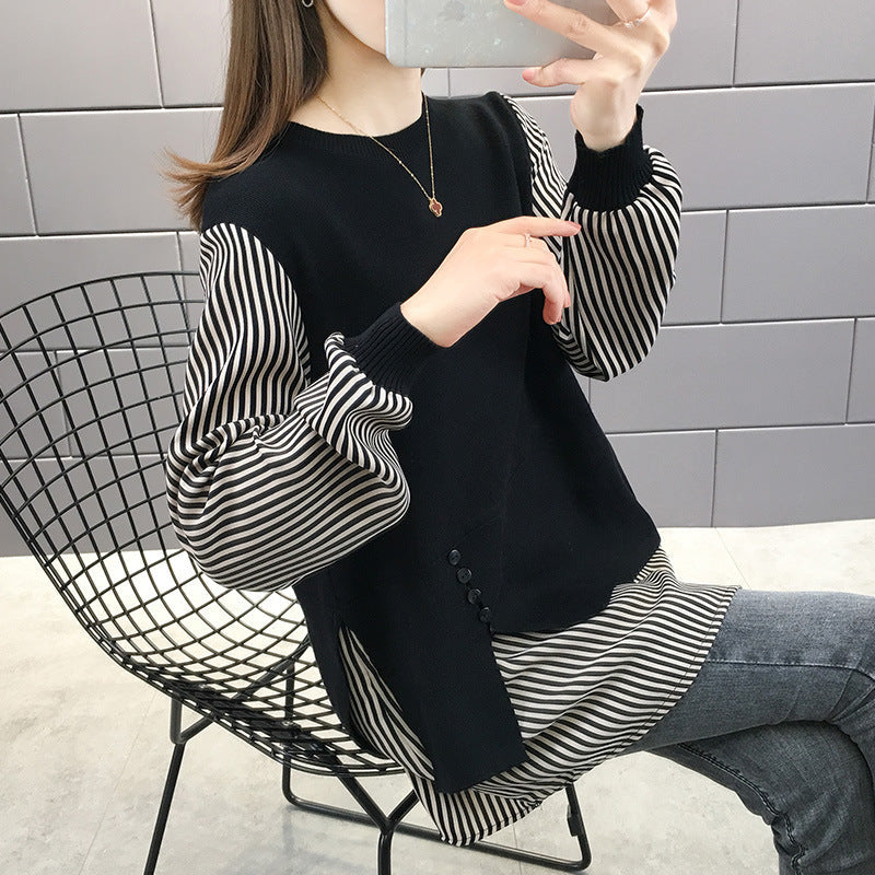 Women's layered sweatshirt with striped sleeves and button details NOVAE