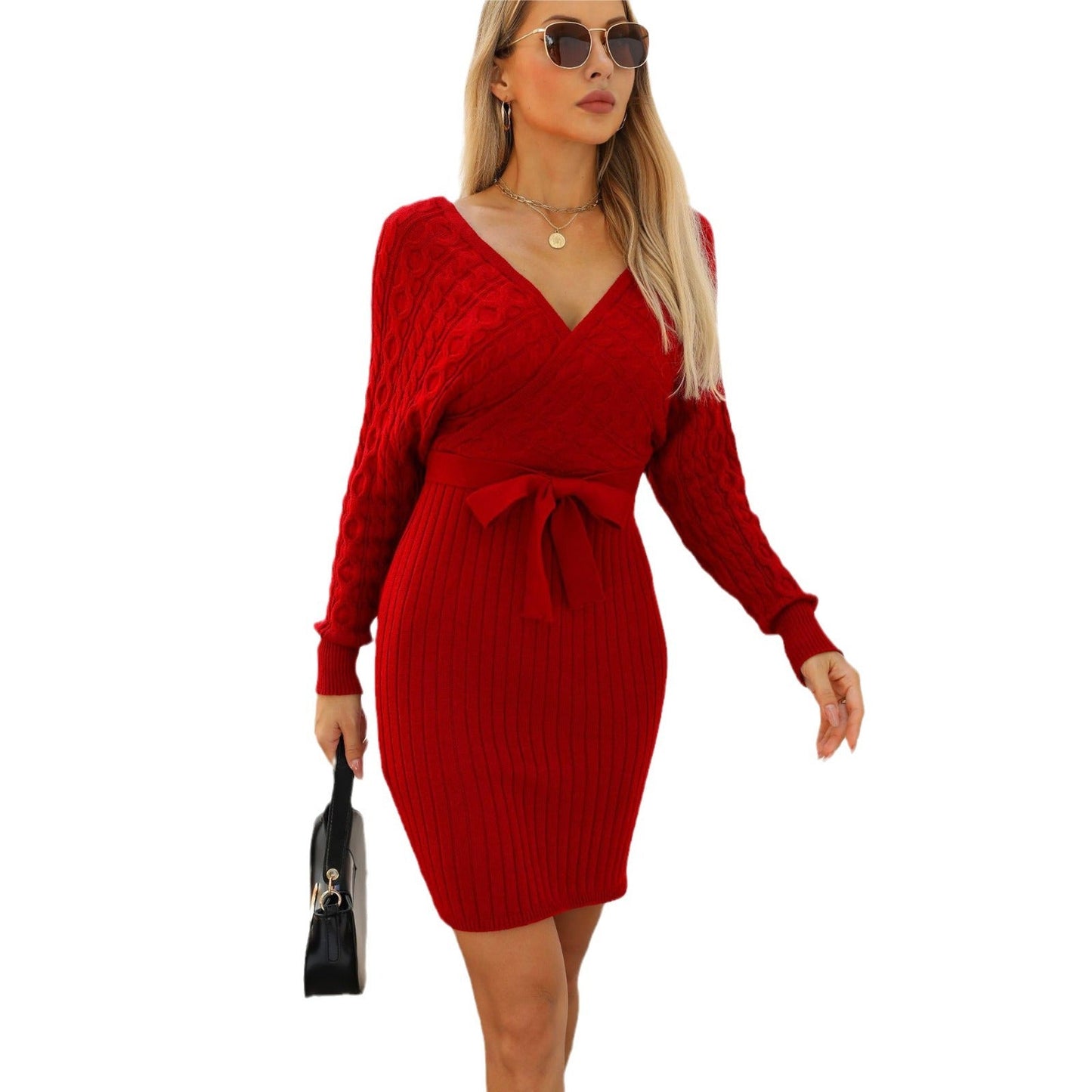 Women's knit dress with wrap design and elegant waist lacing NOVAE