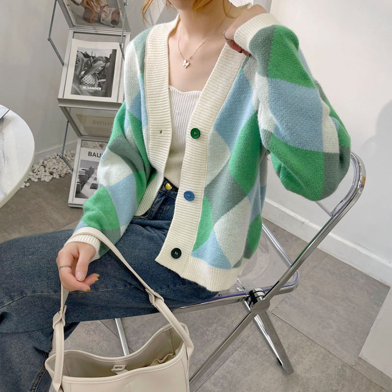 Women's cardigan with modern diamond pattern NOVAE