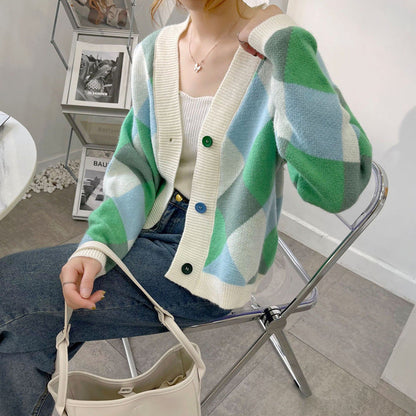 Women's cardigan with modern diamond pattern NOVAE