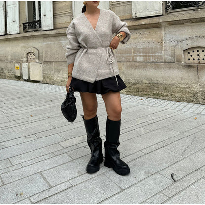 Women's elegant wrap knit coat with belt NOVAE