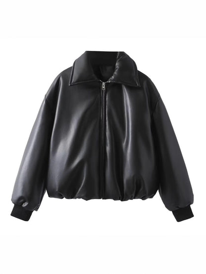 Women's casual faux leather jacket with a voluminous cut and practical pockets NOVAE