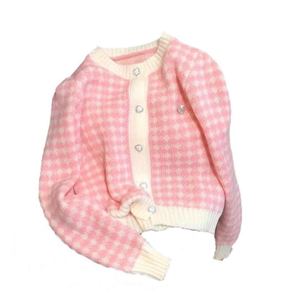 Women's soft cardigan with textured check pattern and hearts NOVAE