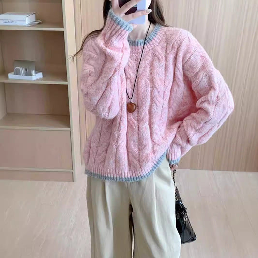 Women's chunky knit sweater with cable pattern and round neckline NOVAE