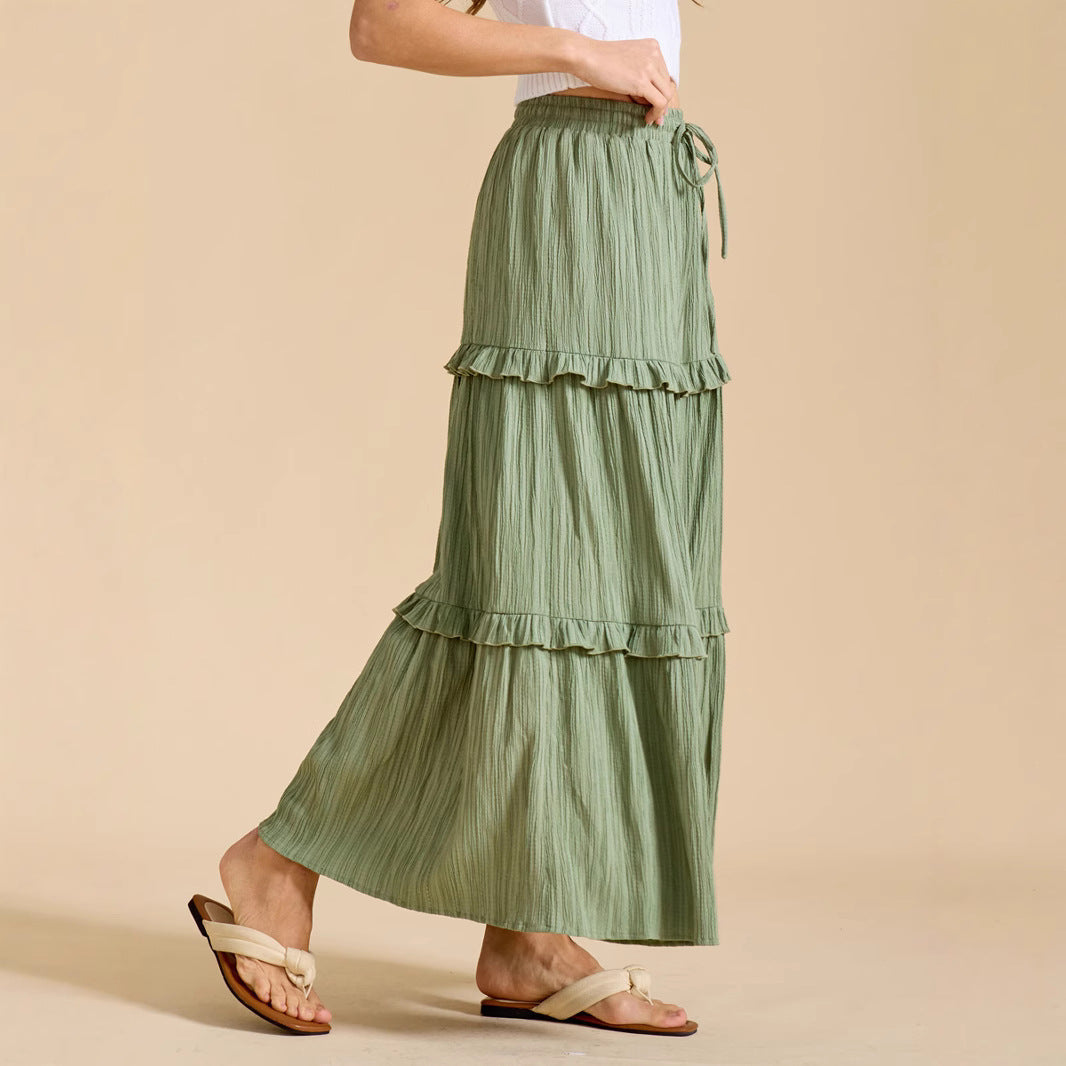 Women's Long Flowy Skirt with Ruffles and Elastic Waistband NOVAE