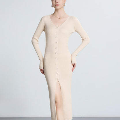 Women's Long-Sleeved Maxi Dress with Ribbed Texture and Button Detail NOVAE