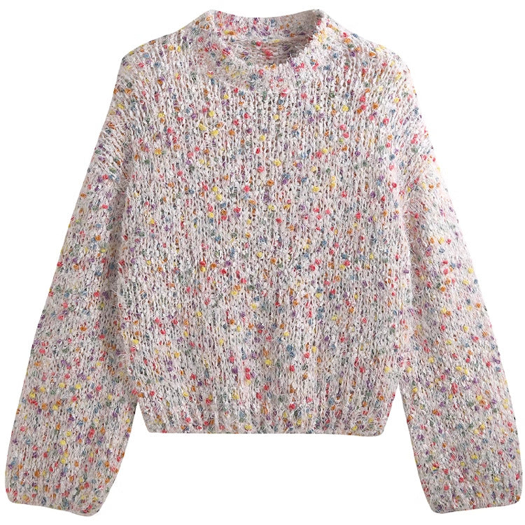 Women's fashionable sweater with colorful textured knit and round neckline NOVAE