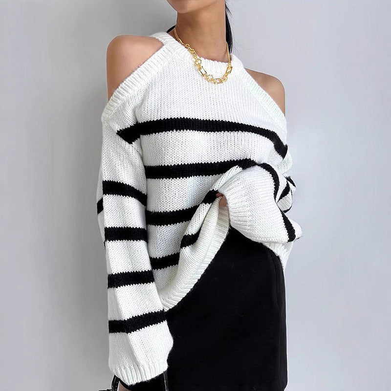 Women's off-the-shoulder knit sweater with striped pattern and relaxed fit NOVAE