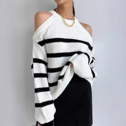 Women's off-the-shoulder knit sweater with striped pattern and relaxed fit NOVAE