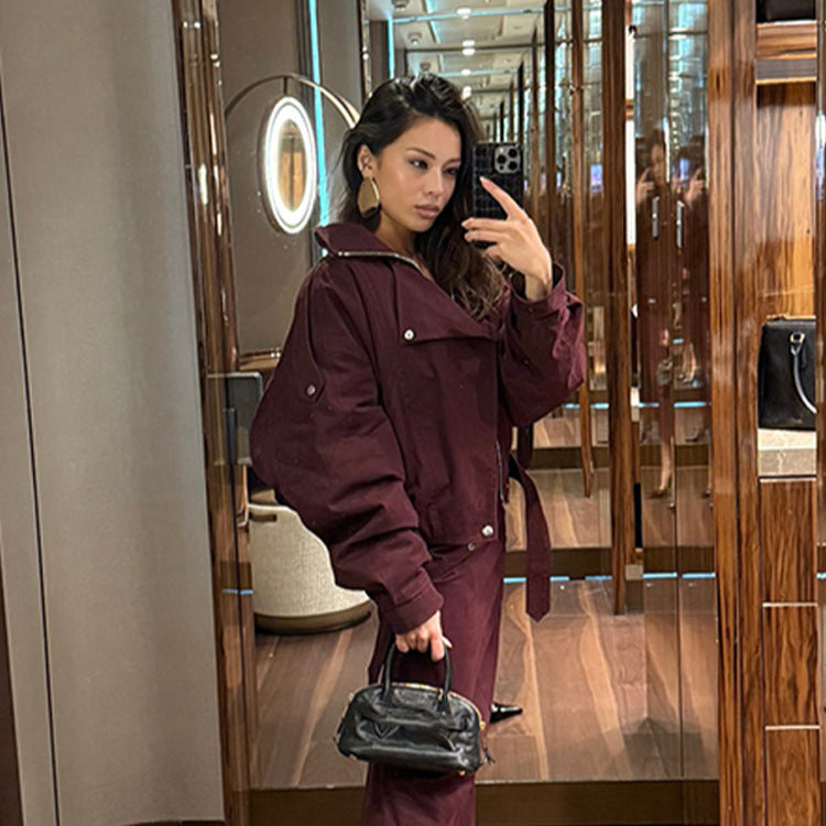 Women's modern oversized jacket with stand-up collar and waist belt NOVAE