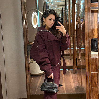 Women's modern oversized jacket with stand-up collar and waist belt NOVAE