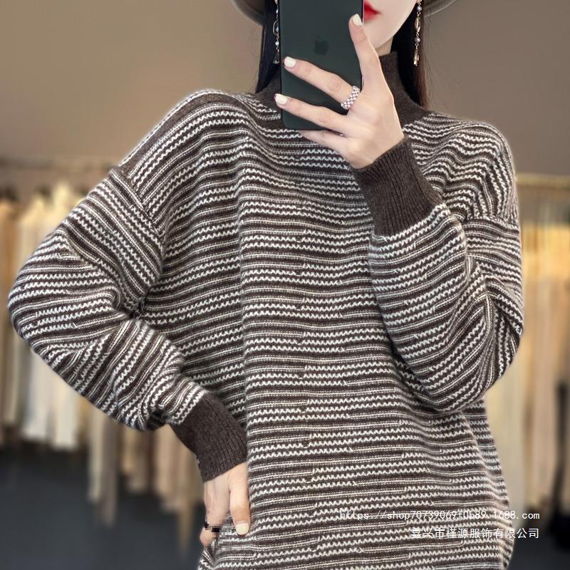 Women's knitted sweater with a modern striped pattern and comfortable thumb holes NOVAE
