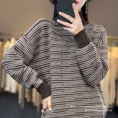 Women's knitted sweater with a modern striped pattern and comfortable thumb holes NOVAE