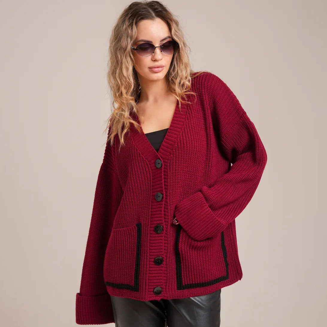 Women's chunky knit cardigan with large pockets and decorative button NOVAE