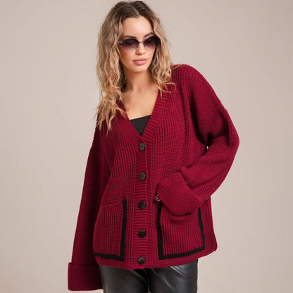 Women's chunky knit cardigan with large pockets and decorative button NOVAE
