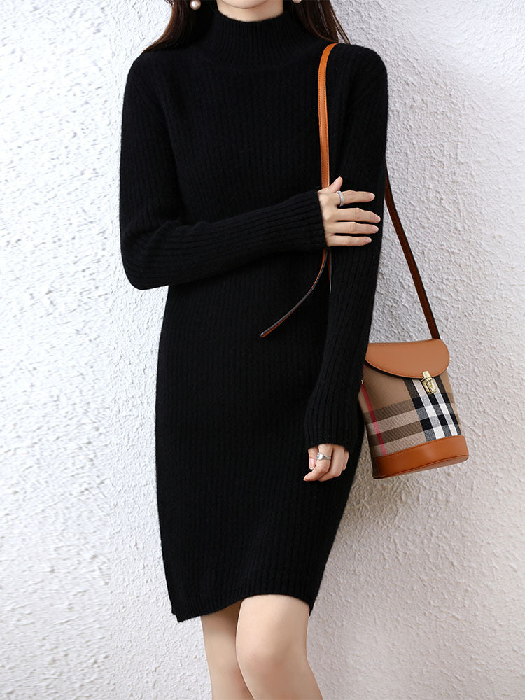 Women's knitted dress in an elegant ribbed design with a high collar NOVAE