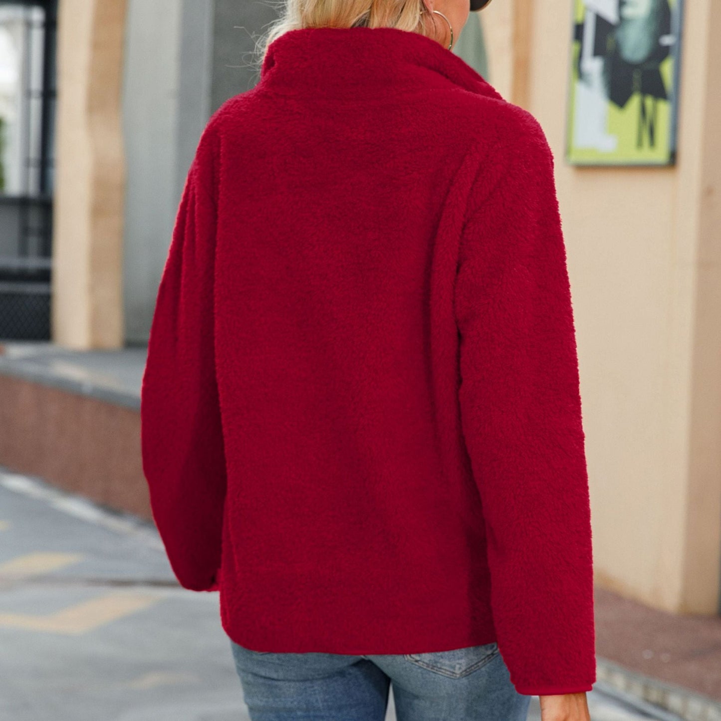 Women's Cozy Fleece Sweater with Button Placket and Kangaroo Pocket NOVAE