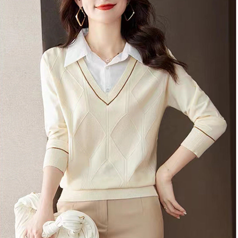 Women's knitted pullover with v-neck and textured diamond pattern NOVAE