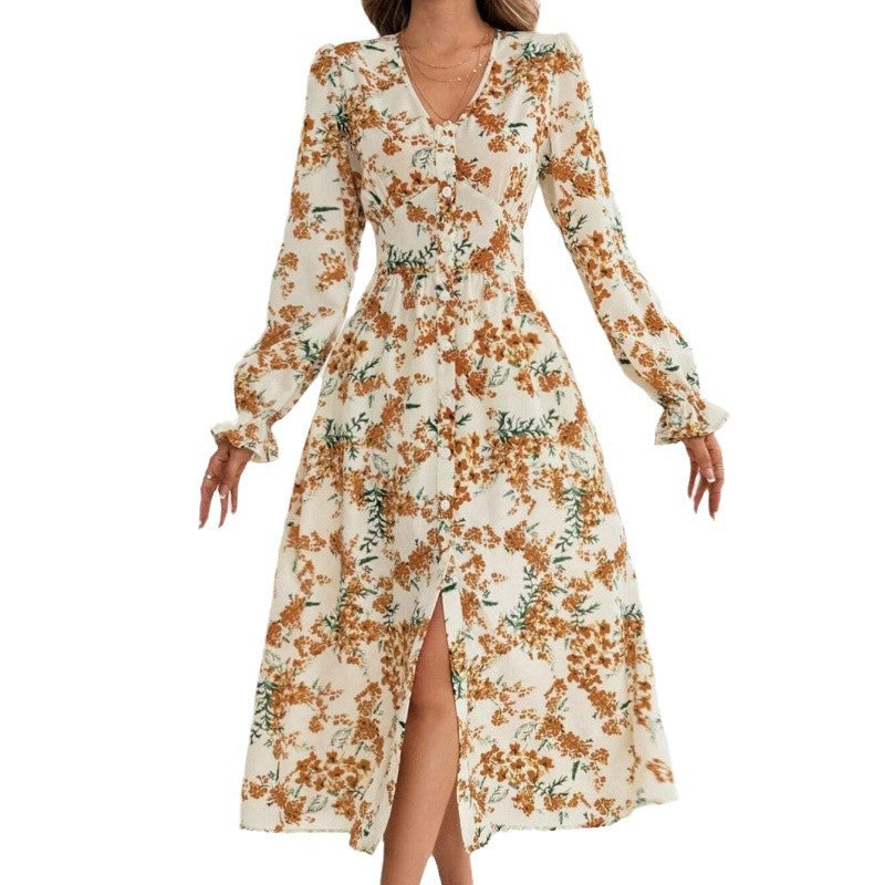 Women's maxi dress with floral patterns and long sleeves NOVAE