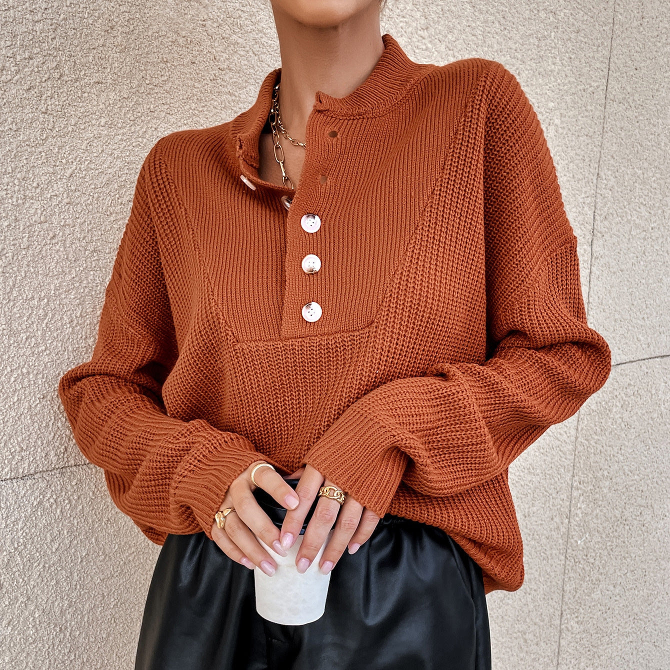 Women's knitted sweater with button placket and textured design NOVAE