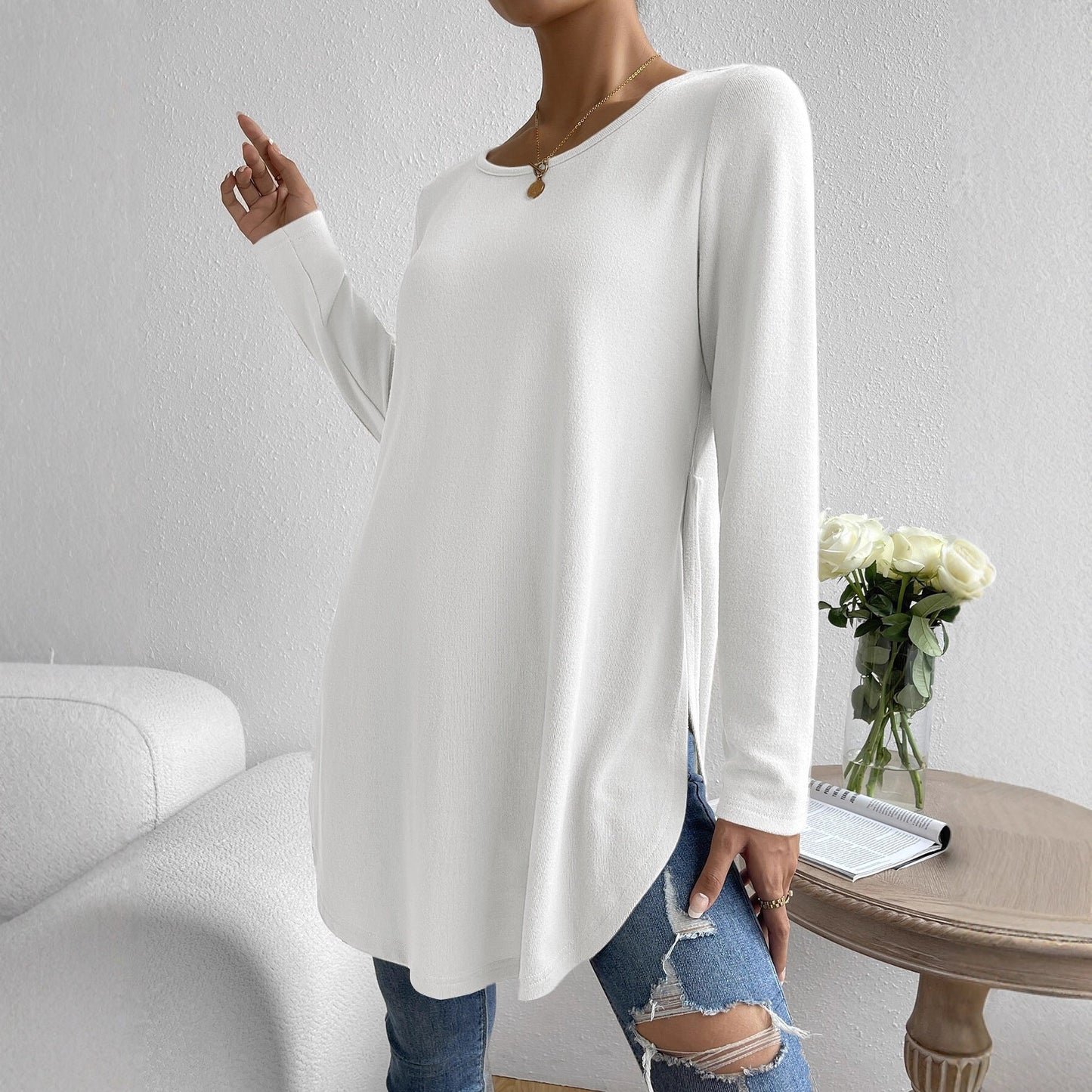 Women's casual long-sleeved T-shirt with asymmetrical hem and comfortable round neckline NOVAE