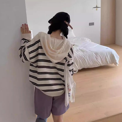 Women's casual striped sweater with button placket and hood NOVAE