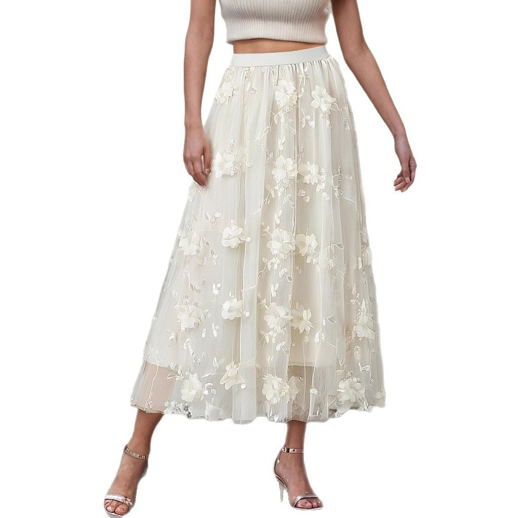 Women's Elegant Tulle Skirt with Floral Embroidery and Elastic Waistband NOVAE