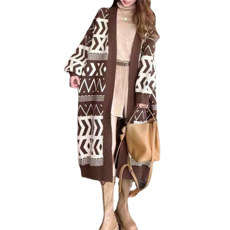 Women's Long Cardigan with Graphic Design and Deep Pockets NOVAE