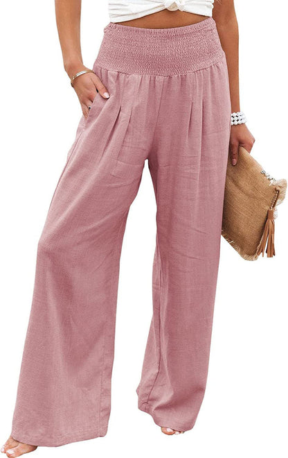Women's airy linen trousers with elasticated waistband and wide cut NOVAE