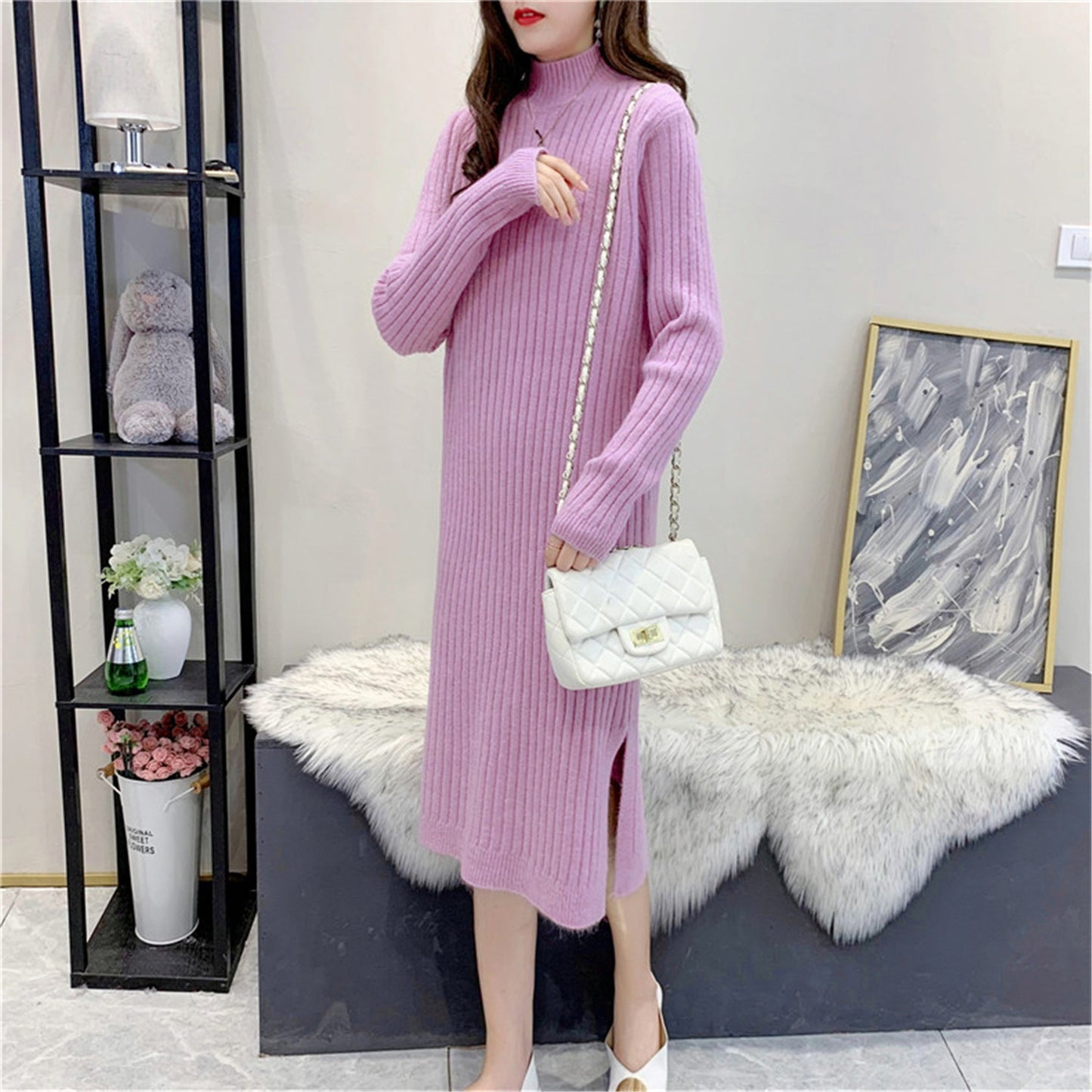 Women's knitted maxi dress with high collar and fine rib texture NOVAE