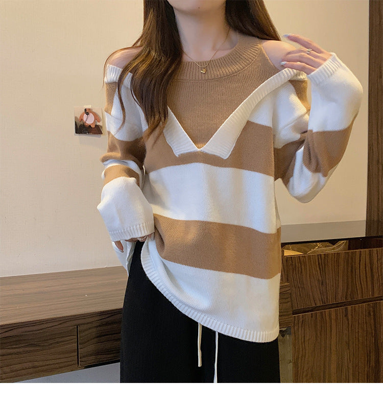 Women's V-neck oversized sweater with fashionable striped pattern and open shoulder design NOVAE
