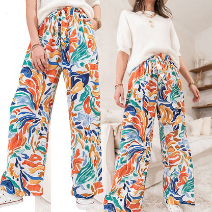 Women's wide-leg palazzo pants with colorful pattern and elastic waistband NOVAE