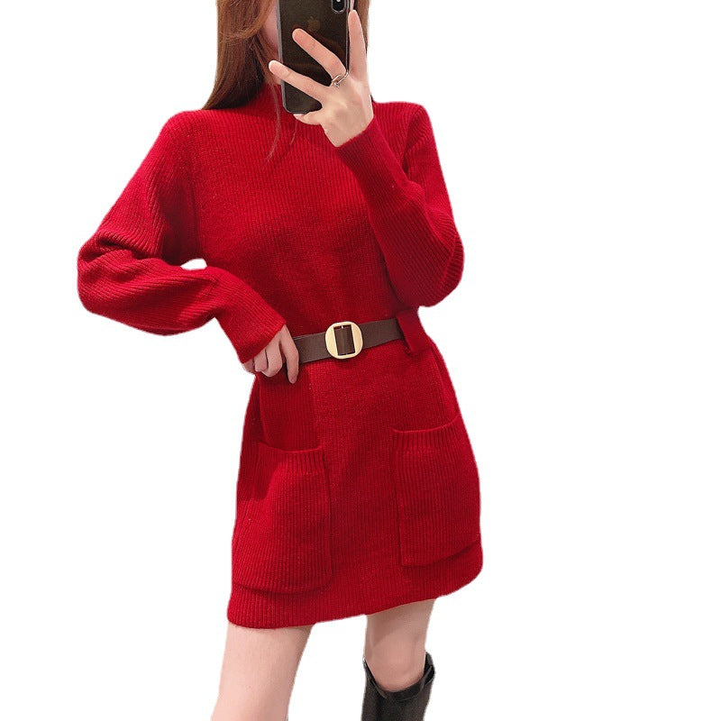 Women's knitted dress with high collar and practical pockets NOVAE